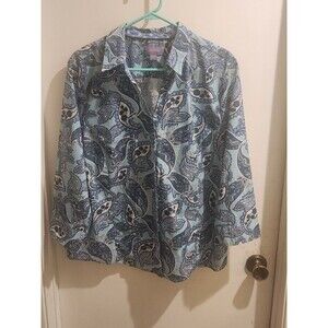 Laura Scott Women's SizeLarge Button-up Blouse White & Blue Paisley Cottagecore‎